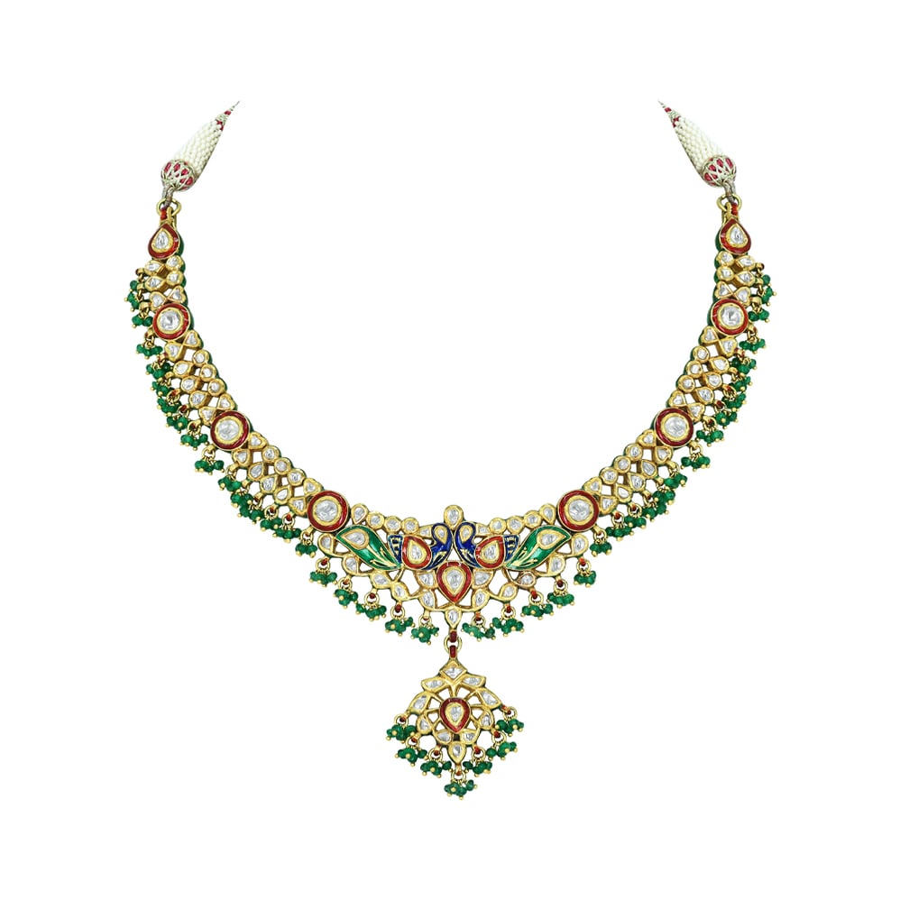 Peacock Polki Necklace with Multicolour Enamel and Bead Drops